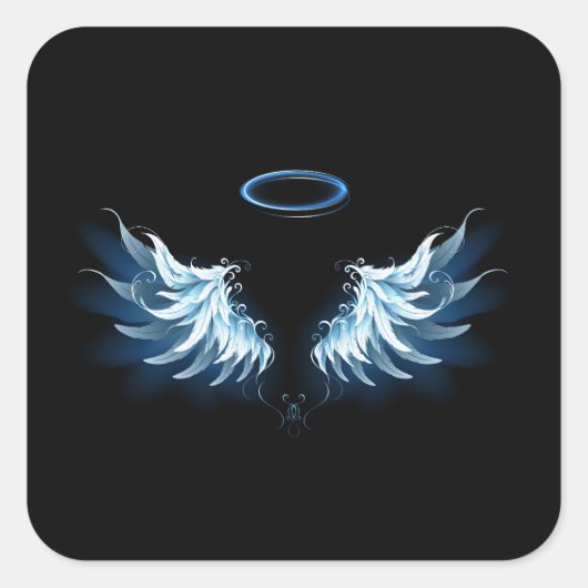 Sticker Carré Blue Glowing Angel Wings on black background (Devant)
