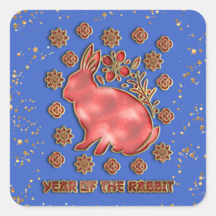 Sticker Carré Blue Gold 2023 Rabbit Lunaire Chinois Nouvel An