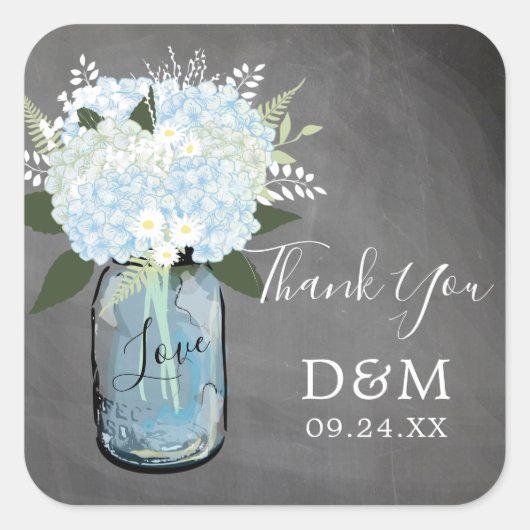 Sticker Carré Blue Hydrangea Mason Jar Chalkboard Mariage Favori (Devant)
