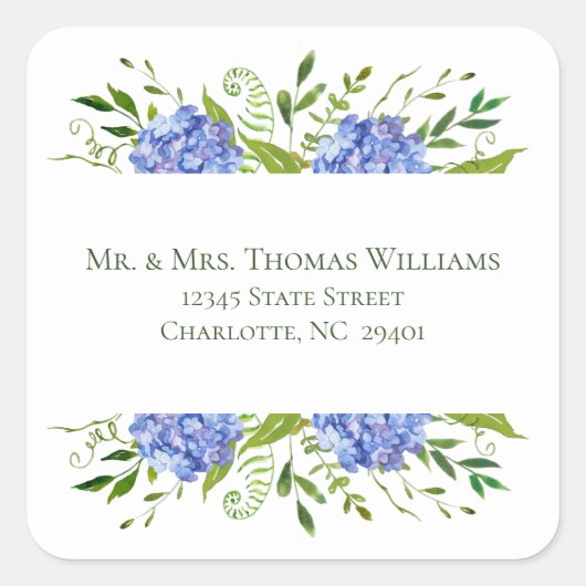 Sticker Carré Blue Hydrangeas Adresse Mariage (Devant)