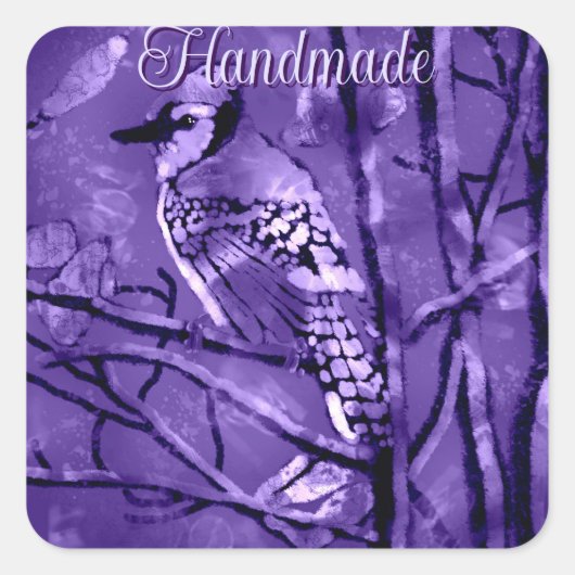 Sticker Carré Blue Jay Bird on Tree Branch Handmade (Devant)