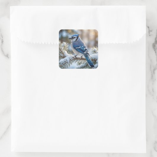 Sticker Carré Blue Jay Perched On a Snowy Pine (Sac)