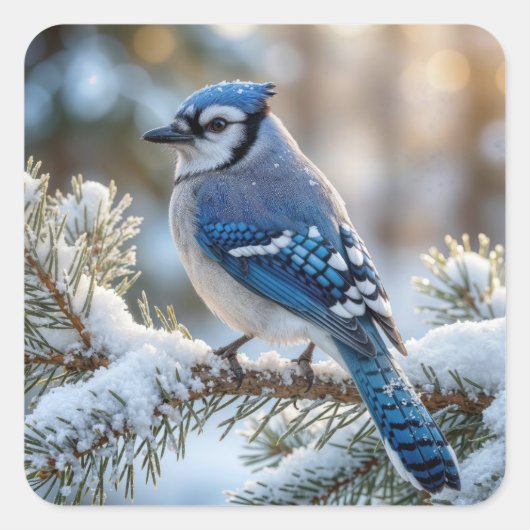 Sticker Carré Blue Jay Perched On a Snowy Pine (Devant)