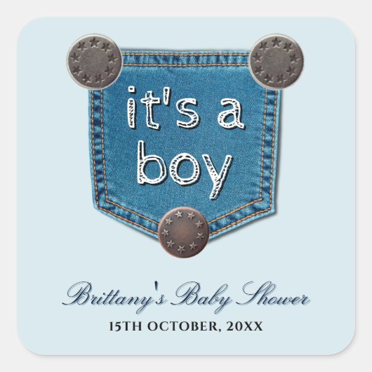 Sticker Carré Blue Jean Denim C'est un Baby shower garçon (Devant)