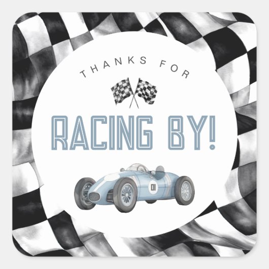 Sticker Carré Blue Race Car Fast Un 1er anniversaire fête (Devant)