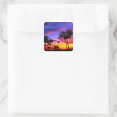 Sticker Carré Blue Red Sunset Exotic Hawaiian Beach Palm Trees (Sac)