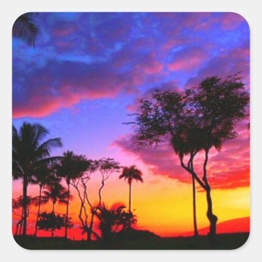 Sticker Carré Blue Red Sunset Exotic Hawaiian Beach Palm Trees (Devant)