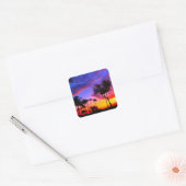 Sticker Carré Blue Red Sunset Exotic Hawaiian Beach Palm Trees (Enveloppe)