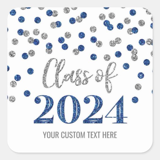 Sticker Carré Blue Silver Confetti Graduation 2024 (Devant)