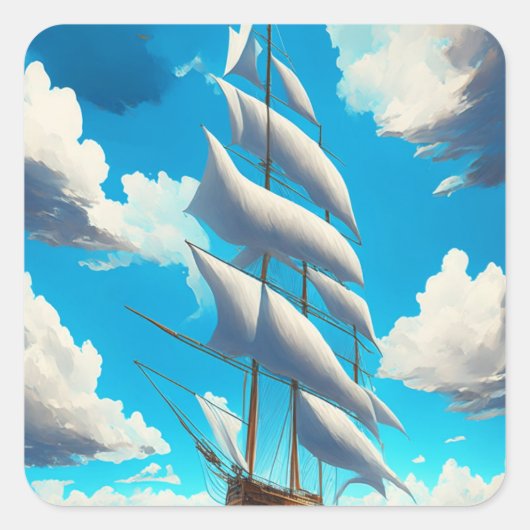 Sticker Carré Blue Skies, White Fluffy Clouds et un gros voilier (Devant)
