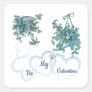 Sticker Carré Blue Vintage Floral Hearts Be My Valentine Custom