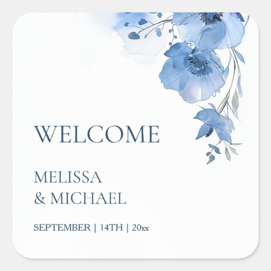 Sticker Carré Blue Watercolor Flowers Wedding Welcome (Devant)
