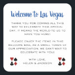 Sticker Carré Blue Welcome to Las Vegas Mariage Welcome Basket<br><div class="desc">Se marier à Las Vegas ? Ces autocollants bleu marine et blanc ajouteraient à la corbeille de bienvenue de votre hôtel. Personnalisez avec votre propre texte sincère.</div>