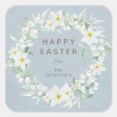 Sticker Carré Blue + White Floral Wreath Message de Pâques (Devant)
