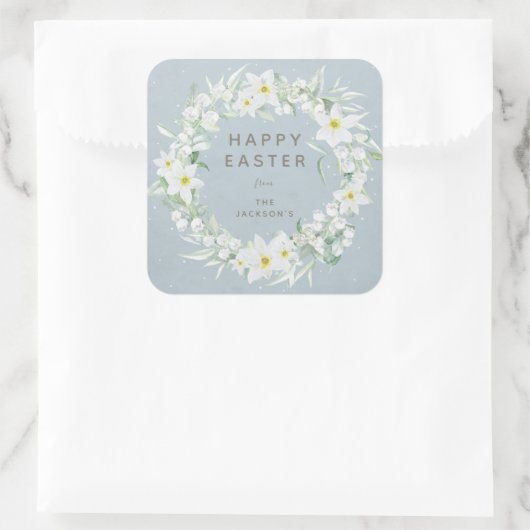Sticker Carré Blue + White Floral Wreath Message de Pâques (Sac)