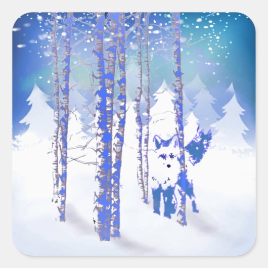 Sticker Carré Blue Winter Forêt de neige Fox animal (Devant)