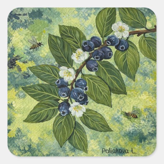 Sticker Carré Blueberry Branch Botanical Illustration (Devant)