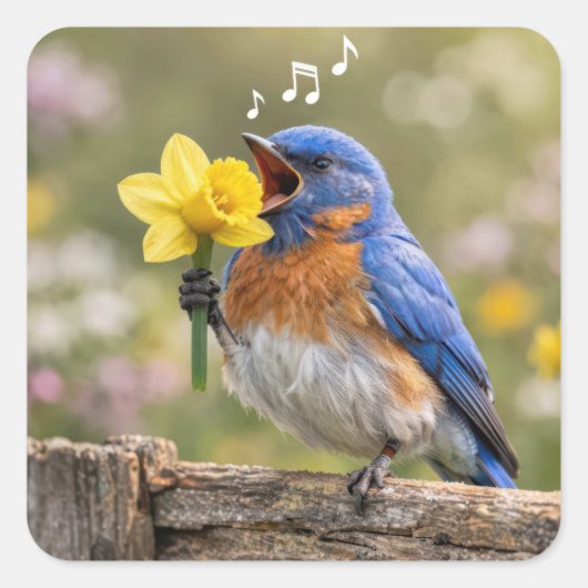 Sticker Carré Bluebird Singing Into a Yellow Daffodil (Devant)