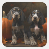 Sticker Carré Bluetick Coonhound Chiot Automne Citrouille de pla (Devant)