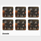 Sticker Carré Bluetick Coonhound Chiot Automne Citrouille de pla (Feuille)