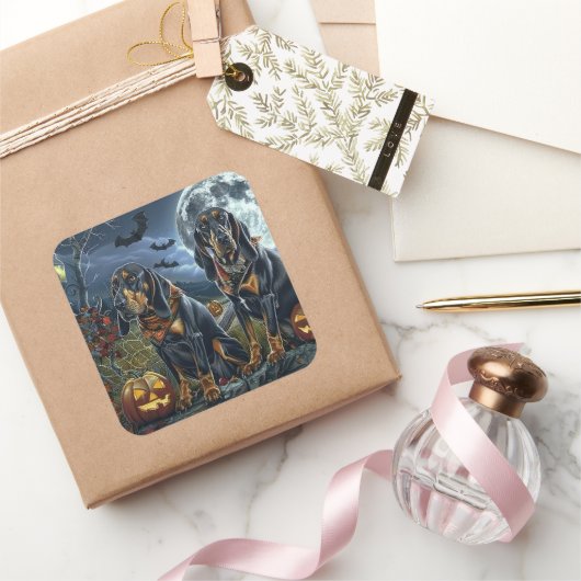 Sticker Carré Bluetick Coonhound Halloween Éffrayant (Cadeaux)