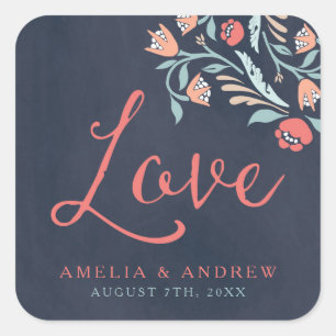 Sticker Carré Bluish Chalkboard Floral Love Mariage
