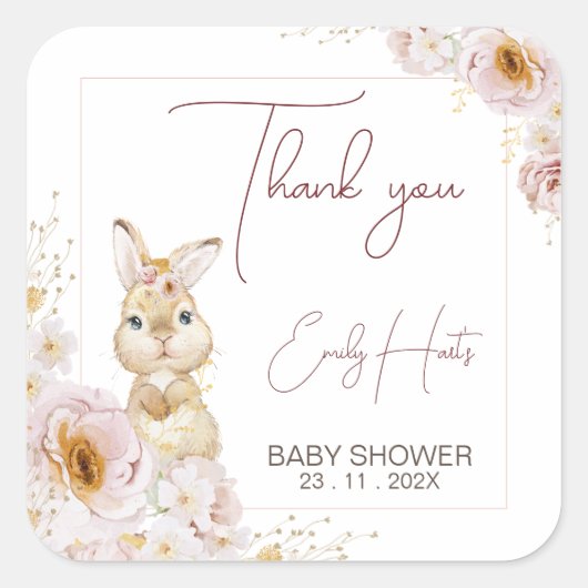 Sticker Carré Blush Boho Floral Bunny Baby shower Merci (Devant)