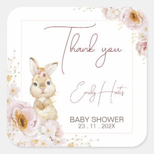 Sticker Carré Blush Boho Floral Bunny Baby shower Merci