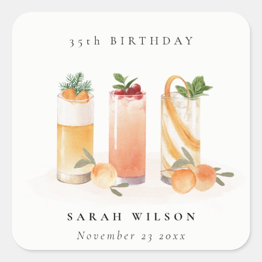 Sticker Carré Blush Cocktail de Fruits Mignon Orange Anniversair (Devant)