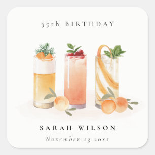 Sticker Carré Blush Cocktail de Fruits Mignon Orange Anniversair