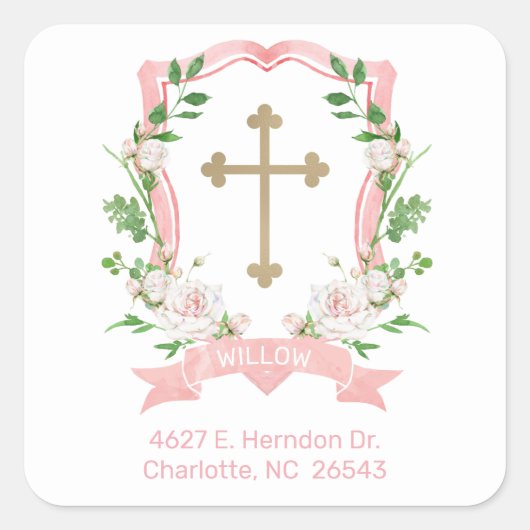 Sticker Carré Blush Floral Baptism Adresse de retour (Devant)