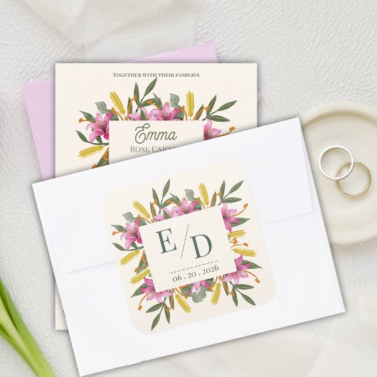 Sticker Carré Blush Pink Lily Botanical Wedding Monogram