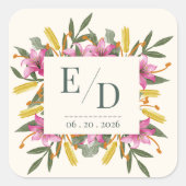 Sticker Carré Blush Pink Lily Botanical Wedding Monogram (Devant)