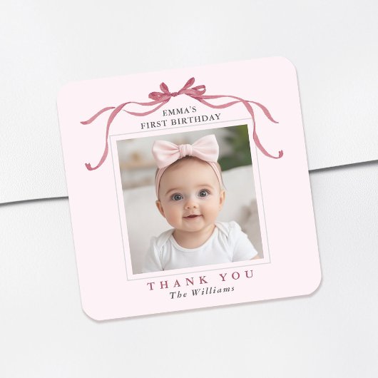 Sticker Carré Blush Pink Red Bow Birthday Thank You 