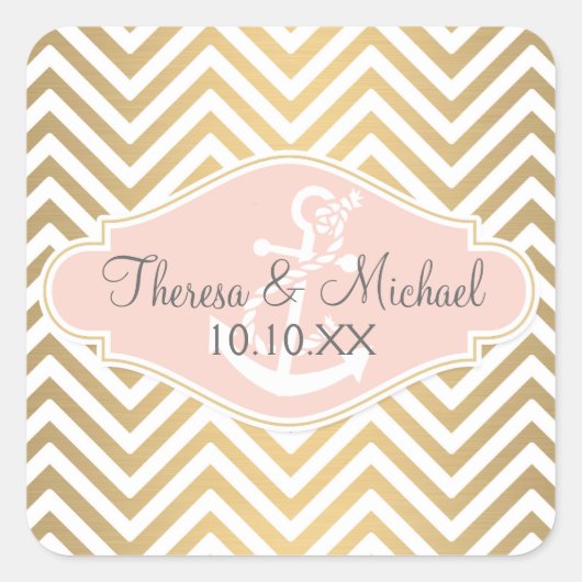 Sticker Carré Blush Preppy Chevron Stripe Ancre marine moderne (Devant)