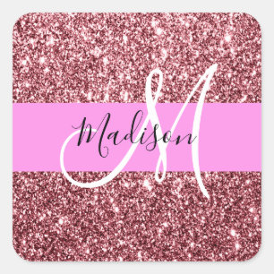 Sticker Carré Blush Rose Glamour Or Rose Gold Paillettes Monogra