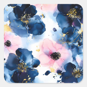 Sticker Carré Blush Rose Gold Bleu de Nuit Floral Aquarelle