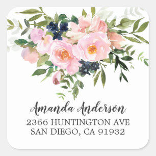 Sticker Carré Blush Roses & Peonies Floral Adresse de retour
