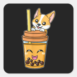 Sticker Carré Boba Tapioca Perles Bubble Lait Thé Boire Corgi