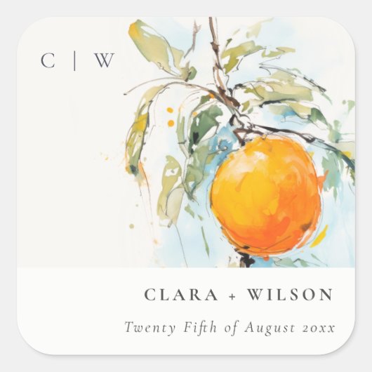 Sticker Carré Boho Abstrait Sketchy Orange Garden Mariage (Devant)