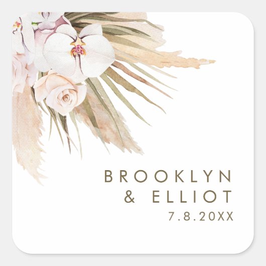 Sticker Carré Boho Aquarelle Pampas Mariage en herbe Favoriser (Devant)