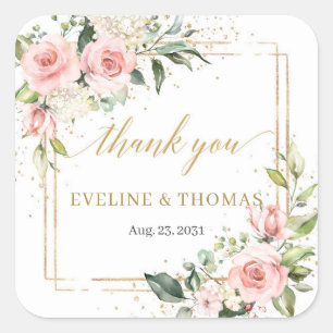 Sticker Carré Boho aquarelle rose pâle roses mariage