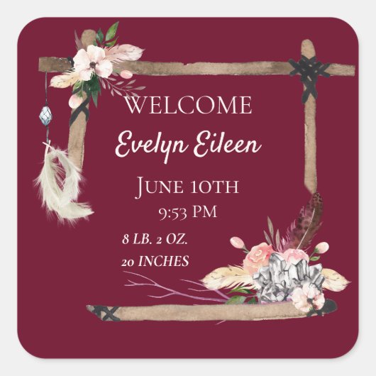 Sticker Carré Boho Beautiful Baby Birth Stats (Devant)