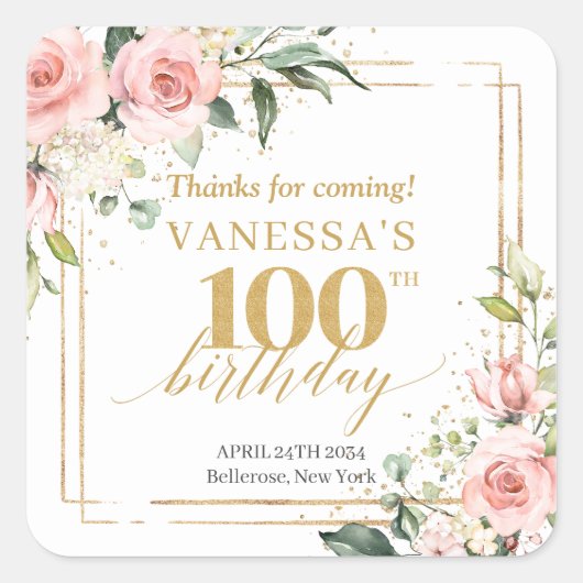 Sticker Carré Boho Blush rose fleuri eucalyptus 100e anniversair (Devant)