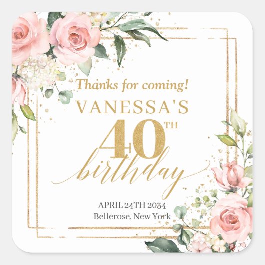 Sticker Carré Boho Blush rose floral eucalyptus 40e anniversaire (Devant)