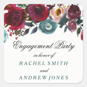 Sticker Carré Boho Bordo Burgundy Red Flowers Engagement Party