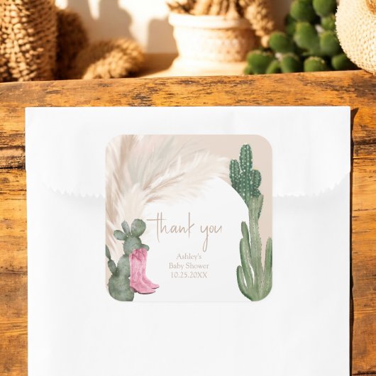 Sticker Carré Boho cactus pampas bottes baby shower du désert
