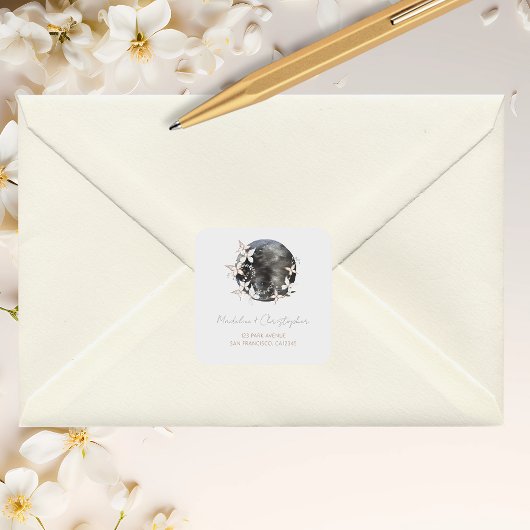 Sticker Carré Boho Celestial Moon Floral Mariage Adresse