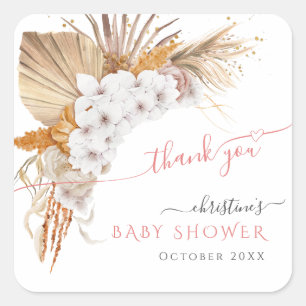 Sticker Carré Boho Chic Aquarelle Baby shower Floral Merci