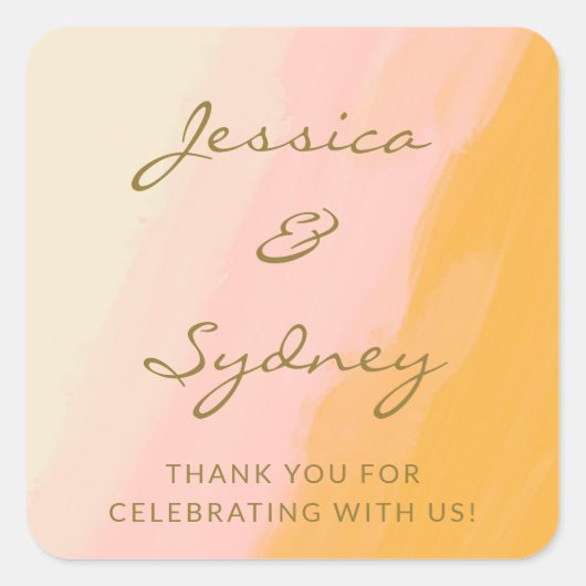 Sticker Carré Boho Chic Aquarelle rose Jaune Merci Mariage (Devant)